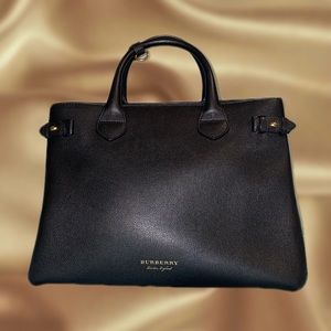 BURBERRY Grainy Calfskin House Check Medium Banner Tote Black.